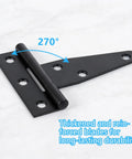 Premium 3 Inch Black Strap Hinges 10 Pack With Rust Resistant Iron Construction And No Sweat Mounting Hardware For Shed Doors Barn Gates Heavy Duty Workshop Gear Built Damn Tough For Any Jobsite, showing 270-degree pivot hinge.