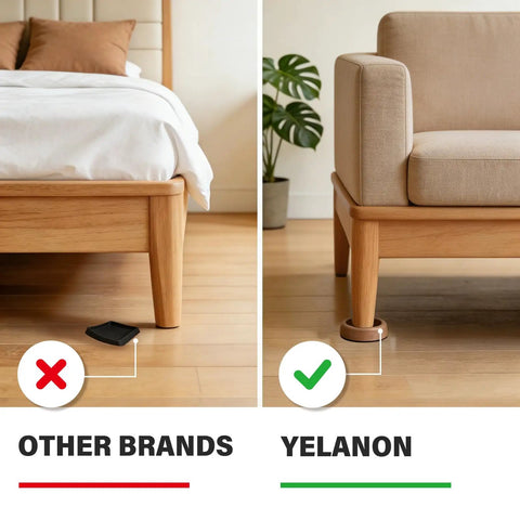 Comparison of non-slip furniture coasters, highlighting YELANON premium two inch rubber coasters locking heavy furniture securely.