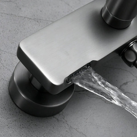 Exposed Shower System with Waterfall Tub Spout Rainfall Shower Set White, copper faucet water flow detail against gray surface.