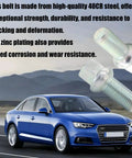 M14x1.5 Wheel Lug Bolts 27mm Shank Ball Seat Chrome 8.8 Grade Alloy Steel 17mm Hex For Wheel Studs Replacement Pack Of 6 Fit Audi Skoda VW Cars Durable Precision Fit Design For Easy Installation And Long Lasting Service on blue sedan