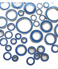 10 Pcs Rubber Sealed Miniature Ball Bearings Kit Featuring Sizes 2x6x3mm, 5x10x4mm, 5x11x4mm, 6x12x4mm, And 12x18x4mm For Small Motors, RC Cars, Drones, And Hobby Projects. Rubber sealed blue bearing kit on white background