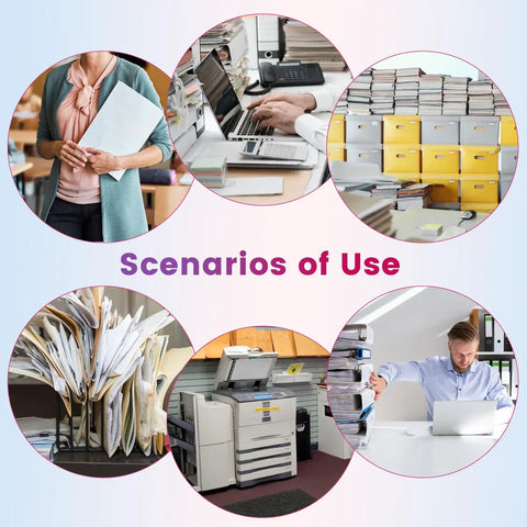 Collage of office scenarios showing Heavy Duty Three Hole Punch With Labor Saving Handle Punches Up To 150 Sheets In A Single Pass