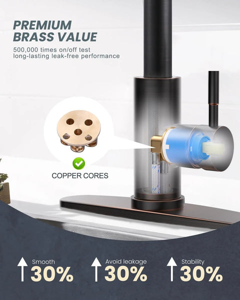 Cutaway view of Oil Rubbed Bronze Kitchen Faucet With Soap Dispenser, showing premium brass valve and copper cores.