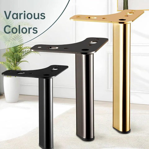 Various colored 20cm Triangle Metal Furniture Legs displayed in black, gold, and gray with pre-drilled holes for sofas and tables.