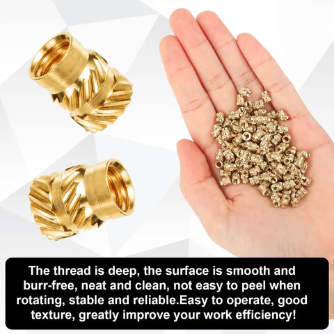 Hand holding 120 pcs 3D printing brass heat set inserts knurled M3x5.7x4.6mm for secure embedding in plastic parts.