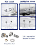 Real Deal 8 Inch Wall Mount Commercial Kitchen Sink Faucet Featuring Badass Solid Brass Build Ridiculously Slick Chrome Shield And Dead Simple Heavy Duty Restaurant Jobs shown in wall mount and backsplash mount configurations with installation adapters.