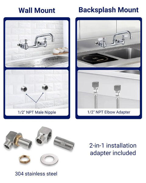 Real Deal 8 Inch Wall Mount Commercial Kitchen Sink Faucet Featuring Badass Solid Brass Build Ridiculously Slick Chrome Shield And Dead Simple Heavy Duty Restaurant Jobs shown in wall mount and backsplash mount configurations with installation adapters.