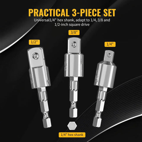 360 Rotatable Socket Adapter Set For Drill Tools 3 Piece Impact Grade Adapters with 1/4, 3/8, and 1/2 inch drives