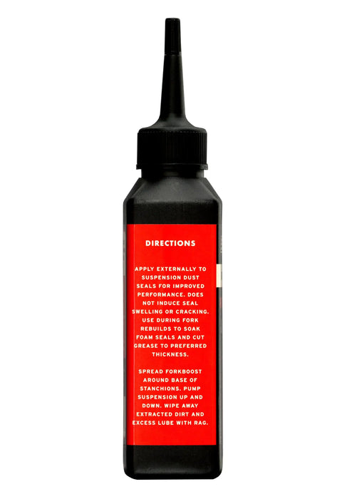 Bottle label with directions of Biobased Fork Suspension Boost For Smoother Ride And Longer Seal Life, PTFE Free, Non Toxic Formula.