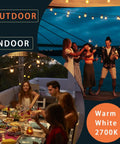 Outdoor 240 Ft LED String Lights With 124 G40 Globe Bulbs illuminating a dinner party and outdoor celebration in warm white 2700K light