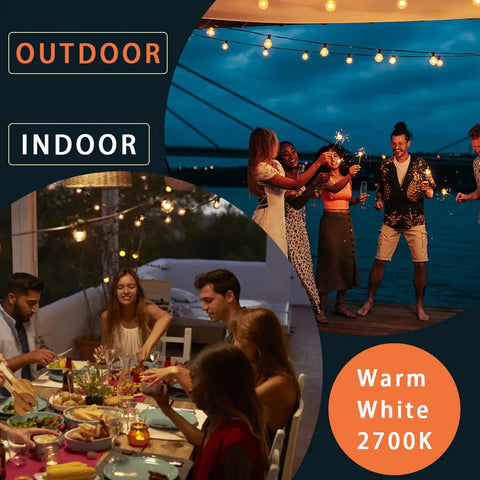Outdoor 240 Ft LED String Lights With 124 G40 Globe Bulbs illuminating a dinner party and outdoor celebration in warm white 2700K light