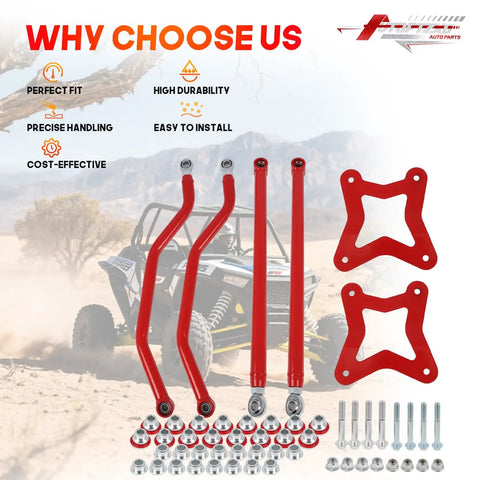 High Clearance Rear Radius Arms For 2014 And Up RZR XP 1000 And XP 4 1000 Beefed Up Heavy Duty Steel A Arms With Carbon Steel Bushings And Adjustable Heim Joints For Tough Trails Rock Crawling And Off Road Performance red steel arms and bushings