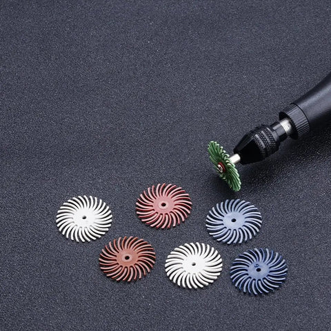 Rotary Tool Brush Disc Kit 1 Inch 35 Pcs With 3mm Shanks 7 Grits Ranging 80 to 2500 Color Coded Polishing Deburring on black surface