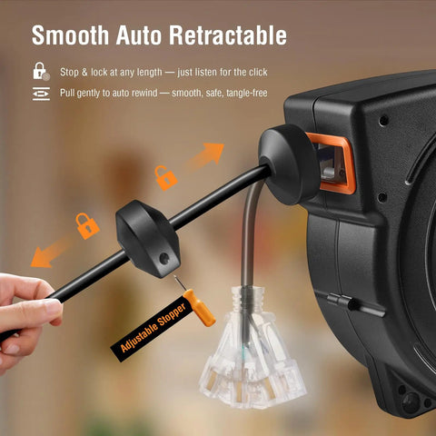 Close-up of the Beefy 45 Foot Retractable Extension Cord Reel With 12 Gauge 3 Conductor SJTOW Power Cord 15 Amp Breaker.