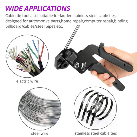 Heavy Duty Stainless Steel Zip Ties Cutter And Cable Tie Gun Portable Tension Tool showing usage with wires and cable ties