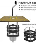 Beefy Aluminum Router Table Base With Lift System showing hand crank, 4 jaw clamping, and installation screw hole position diagram.