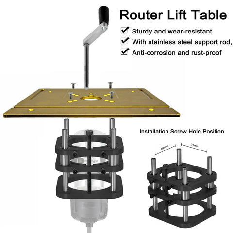 Heavy Duty Aluminum Router Table Base With 51mm Lift Built Tough For Woodworking Stainless Steel Support Rods 4 Jaw Clamping System And Hand Crank Design Ideal For Carving Machines And DIY Projects. Router lift table with aluminum base, stainless steel rods, and hand crank