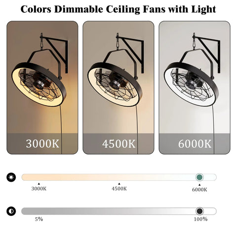 20 Inch Wall Mount Fan With Light And Dimmable 3CCT LED 6 Speeds Smart Remote And App Control Plug In Ceiling Or Wall Mount Indoor Outdoor Use For Patio Garage Living Room Workshop Metal Frame showing color temperature settings