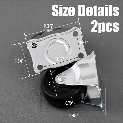 Image showing size details of 2 Pack 2 Inch Rubber Caster Wheels Heavy Duty Fixed Non Swivel Black Casters With Rigid Top Plate For Furniture And Trolleys 66 Lb Load Capacity Each Noiseless Rolling For Small Machines And Carts