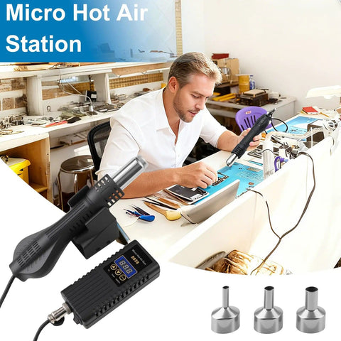 Man using Digital Hot Air Rework Station Kit for SMD Rework and Desoldering with precise temperature control on a workbench