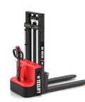 Heavy Duty Electric Pallet Stacker Raising 3300 Lbs To A Cool 98 Inch Lift Height With Adjustable Forks and Narrow Legs, side view.