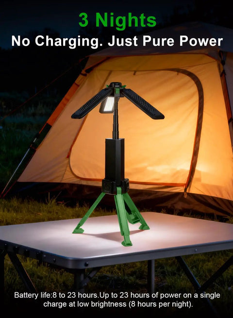Massive 15000mAh Rechargeable Telescopic Camping Light Lantern with Reinforced Tripod Base in front of a tent at night.
