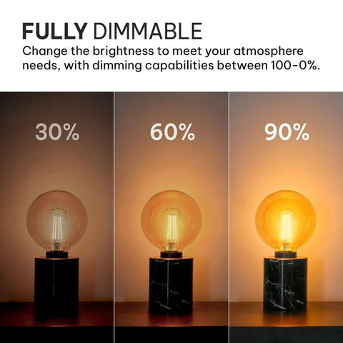 4W LED Candelabra Bulbs 6-Pack, Dimmable Warm White 3000K T6/U, dimming levels 30% to 90% on black marble lamp base