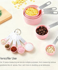 Stackable Measuring Cups And Spoons Set 10 Piece With Stainless Steel Handles Pink 5 cups and 5 spoons with ingredients