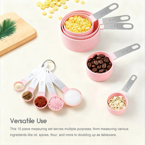 Stackable Measuring Cups And Spoons Set 10 Piece With Stainless Steel Handles Pink 5 cups and 5 spoons with ingredients