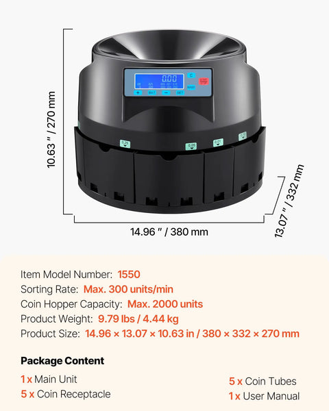 Coin Counter And Sorter Machine For US Coins With LCD Display Sorts Pennies Through Dollars At Up To 300 Coins Per Minute