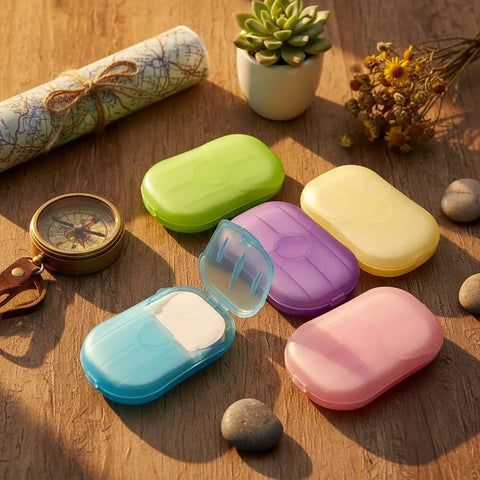 Grab and Go Disposable Soap Sheets Set on a table with map, compass, and flowers, showcasing 5 colorful boxes of fragrant paper soap.