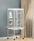 Automatic Bird Feeder And Water Dispenser Set For Cage With No Fuss Seed Catcher on white wire cage with parakeets.