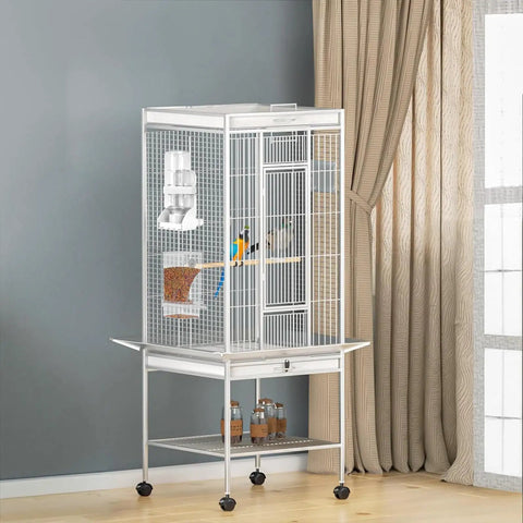 Automatic Bird Feeder And Water Dispenser Set For Cage With No Fuss Seed Catcher on white wire cage with parakeets.