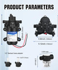 Diagram showing dimensions and parts of 12V RV Fresh Water Pump With 3.5 GPM At 45 PSI Self Priming Diaphragm Water Pump On The Go Pressure Switch