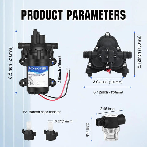 Diagram showing dimensions and parts of 12V RV Fresh Water Pump With 3.5 GPM At 45 PSI Self Priming Diaphragm Water Pump On The Go Pressure Switch