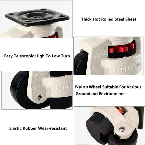 Built Tough Heavy Duty Leveling Casters Set Of 4 Retractable Machine Wheels showing nylon wheel, steel, and rubber wear-resistant features
