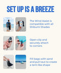 Wind Assist Kit For Shade 2.0 And Earlier By Shibumi stabilizes beach canopy with easy clip-in anchors shown in use.