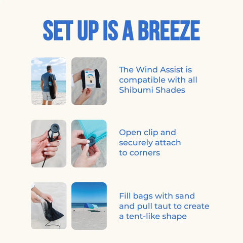 Wind Assist Kit For Shade 2.0 And Earlier By Shibumi stabilizes beach canopy with easy clip-in anchors shown in use.