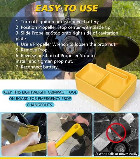Pro Grade 1-1/16 Inch Boat Prop Wrench And Prop Stop Block Kit shown in use on a boat propeller, highlighting yellow block.