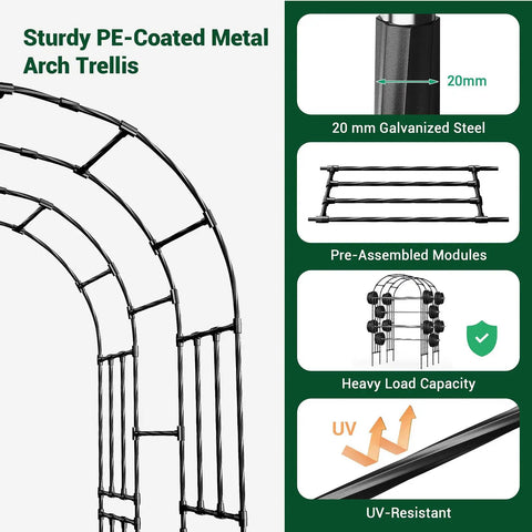 Diagram showing features of Walk Through Garden Arch Trellis For Climbing Plants Outdoor 3.9x7.9 Feet Steel With PE Coating, weather resistant.