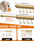 Knockout Twelve Inch Retractable Closet Pull Out Rod Featuring Five Heavy Gauge Steel Rings For Zero Fuss Hangin Of Belts And Accessories Handles Up To Thirty Pounds Of Winter Coats And Daily Duds In Polished Gold, showing extension options and hooks.