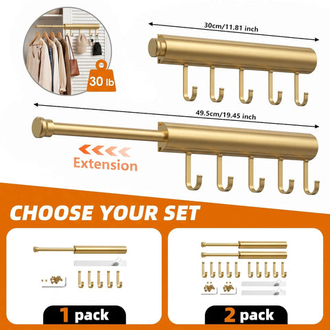 Knockout Twelve Inch Retractable Closet Pull Out Rod Featuring Five Heavy Gauge Steel Rings For Zero Fuss Hangin Of Belts And Accessories Handles Up To Thirty Pounds Of Winter Coats And Daily Duds In Polished Gold, showing extension options and hooks.