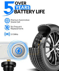Rock Solid 433 Mhz Tpms Sensor Pre Programmed Tire Pressure Monitor shown with wheel, highlighting 5 years battery life and 315MHz frequency.