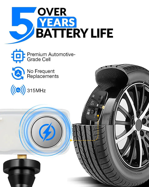 Rock Solid 433 Mhz Tpms Sensor Pre Programmed Tire Pressure Monitor shown with wheel, highlighting 5 years battery life and 315MHz frequency.