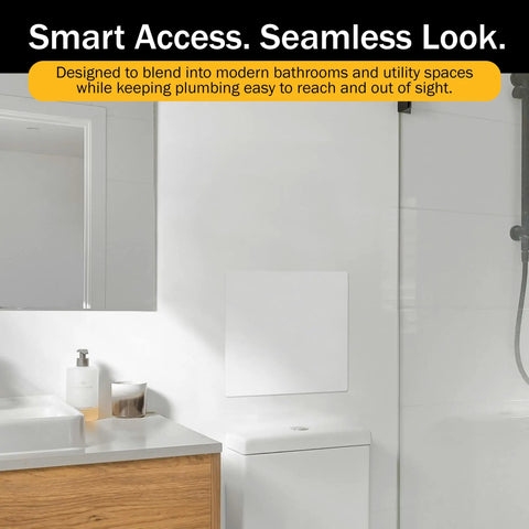 Spring Loaded Adjustable Access Panel Snaps Straight Into 4x4 Through 6x6 Wall Or Ceiling Openings With Zero Sweat And No Drilling Required Paintable Plastic Cover Fits Like A Breeze in modern bathroom setting.