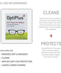 OptiPlus Anti-Fog Lens Wipes package front with before-and-after glasses illustration