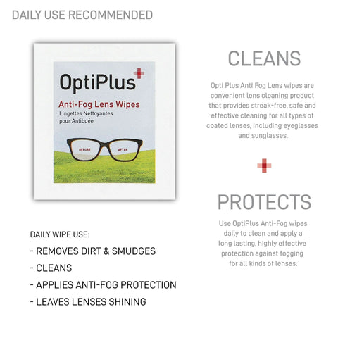 OptiPlus Anti-Fog Lens Wipes package front with before-and-after glasses illustration