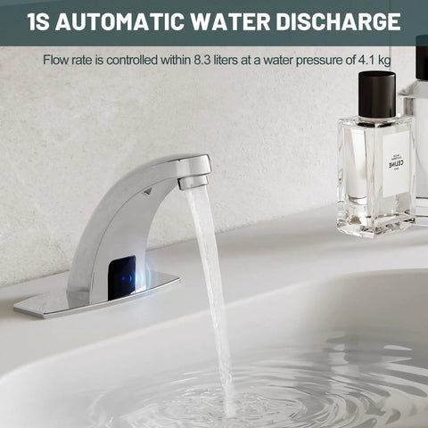 Hands Free No Touch Bathroom Sink Faucet With Motion Sensor And Temperature Control Automatic Sensor Vanity Faucet With Control Box Modern Chrome Finish Battery Or 110V Power Option Includes Hole Cover Plate