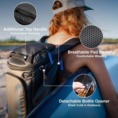 Woman carrying Backpack Cooler Insulated Leakproof Fits 33 Cans With Dual Insulated Compartments Portable Lightweight Beach Travel Lunch Backpack