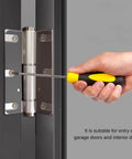 Person adjusting door hinge using screwdriver for 12 Pack Door Hinge Shims 1/32 Inch Thick Metal C Slot For Fixing Sagging Doors And Uneven Gaps
